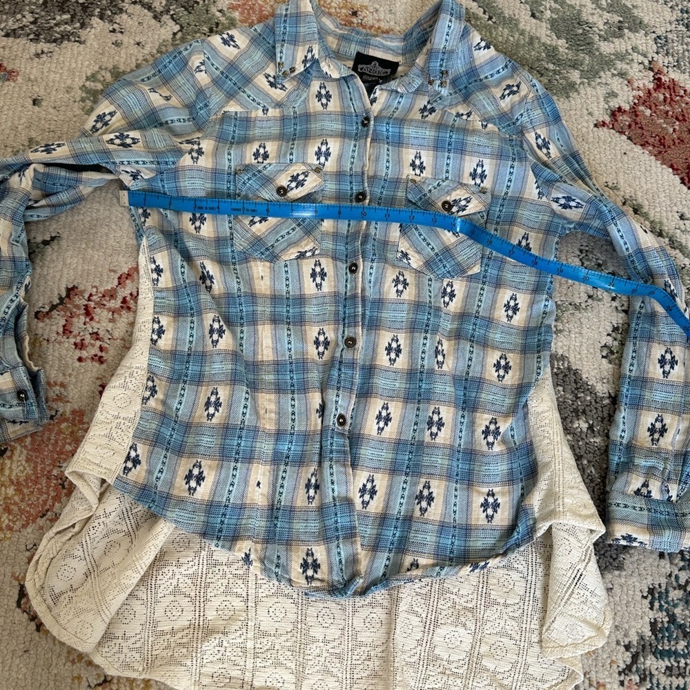 VTG 90s Angie Women S Southwestern Button Up Top Lace Peplum Blue Plaid Boho - Picture 9 of 15